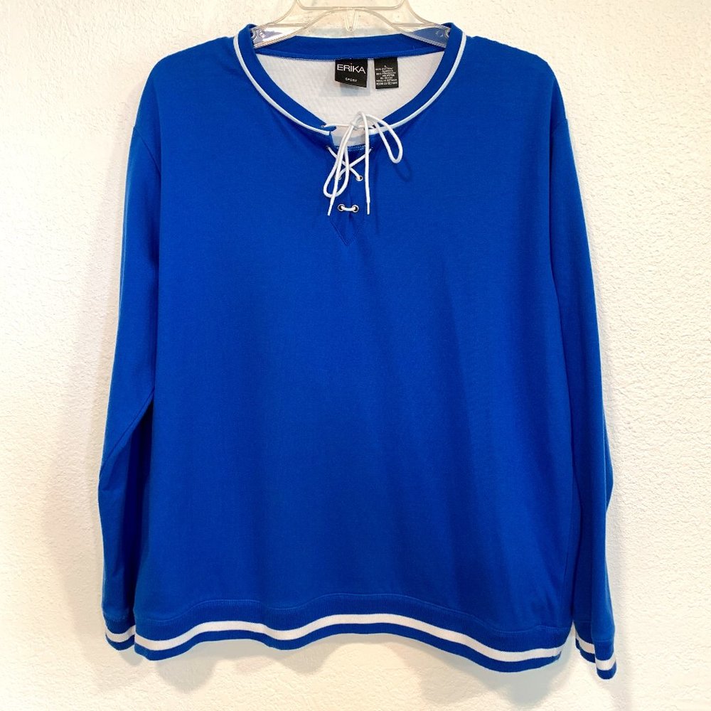 Erika Sport Pullover Top Lace Up V-Neck Blue Stretch Long Sleeves EUC Size Large